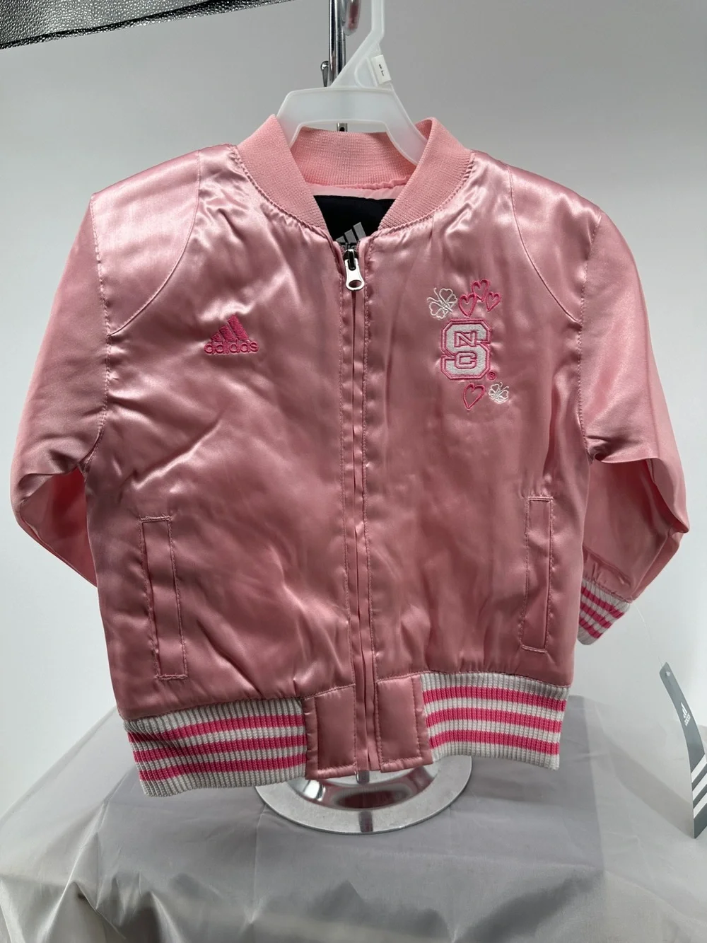 NWT Adidas NC STATE pink satin letterman jacket